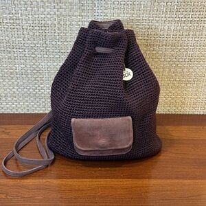 🌟HP🌟VTG 1990s The Sak Crochet Backpack Aubergine Purple 90s Boho Drawstring Bag
